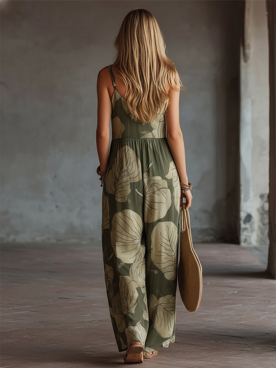 Chic Retro Green Floral-Print Chiffon Spaghetti-Strap Silhouette Sleeveless Jumpsuit