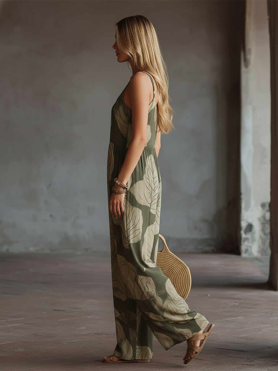 Chic Retro Green Floral-Print Chiffon Spaghetti-Strap Silhouette Sleeveless Jumpsuit