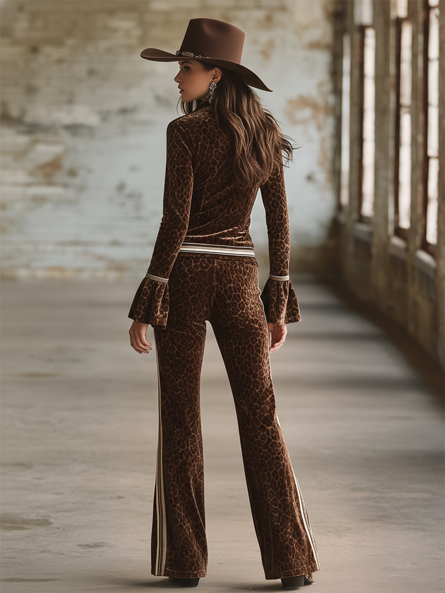 Retro Sporty Brown Leopard Print Lapel Front Zip-up Top and Flared Pants Velvet Set