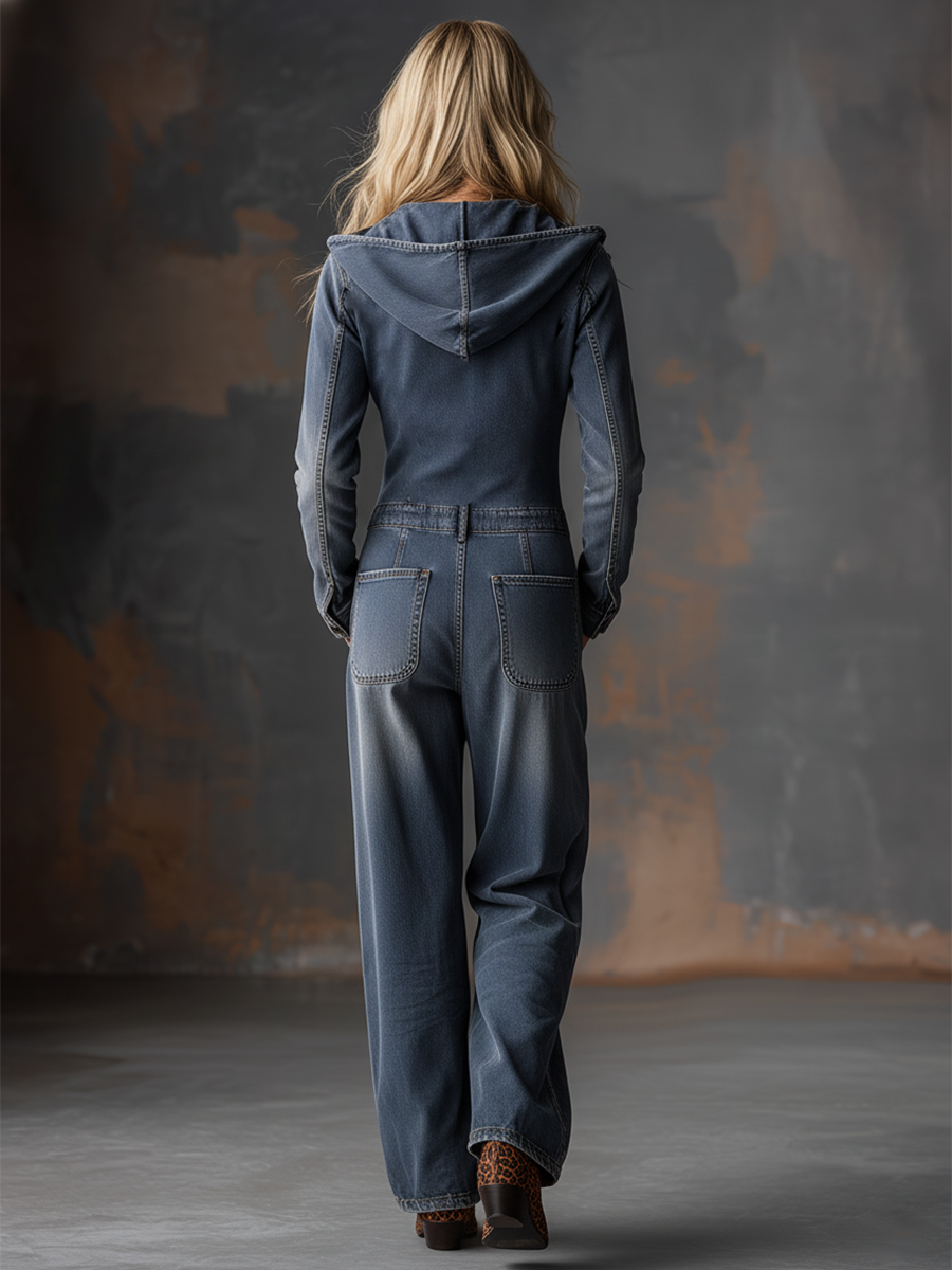 Retro Front Zipper Grey-Blue Denim Hooded Jumpsuit