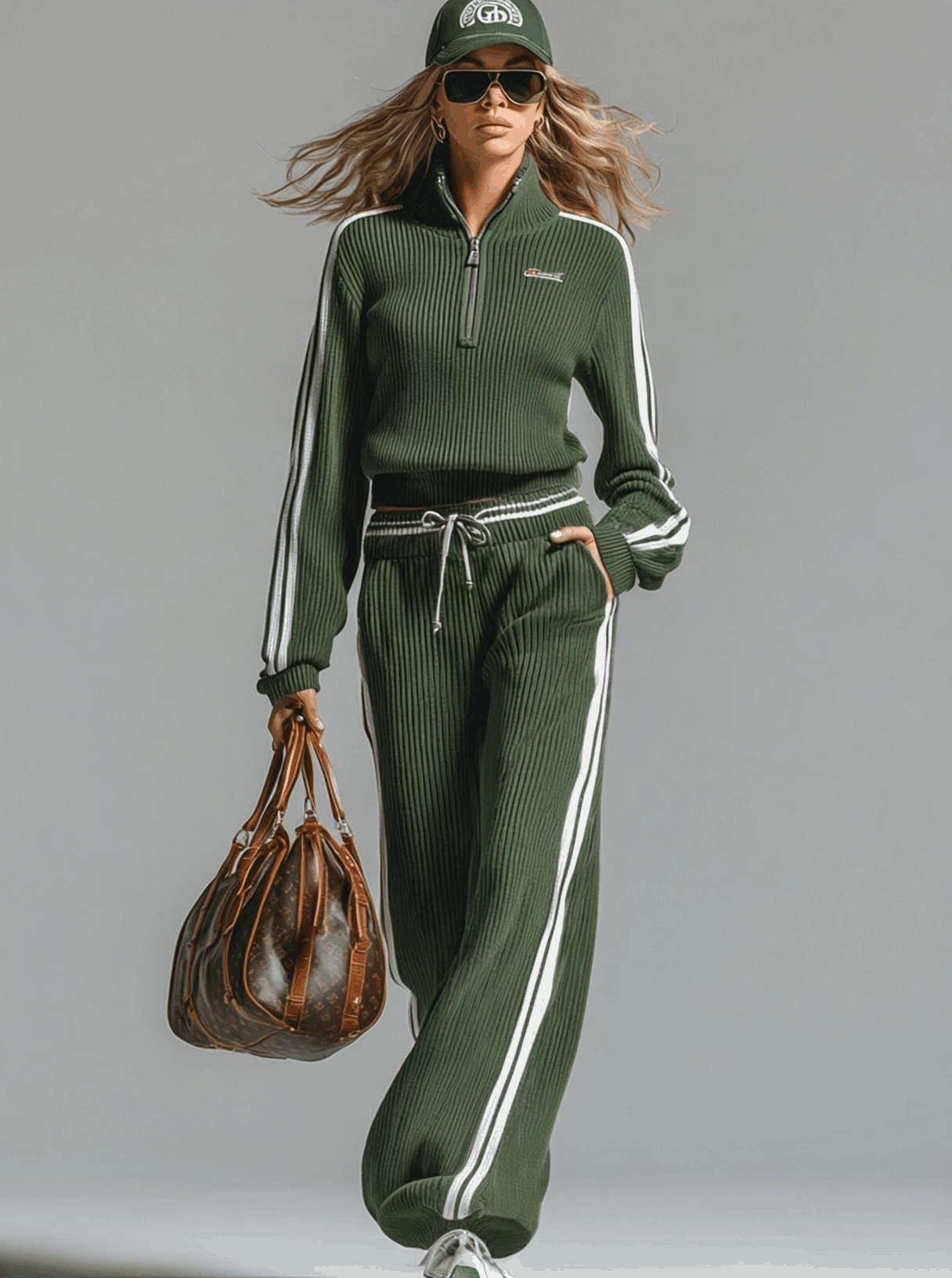 Retro Casual Green Sports Half-zip Knitted Sweater And Trousers Set