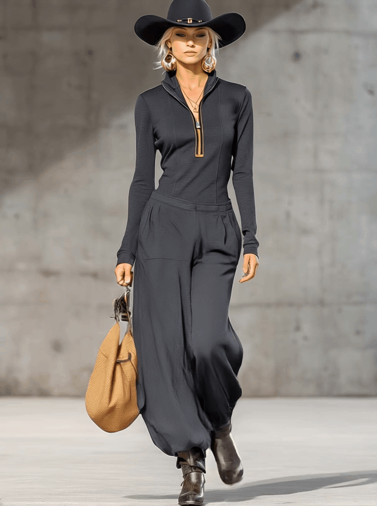 Casual Retro Sports Dark Grey Half-High Collar Front Zipper Long-Sleeved Top and Wide Pants Set