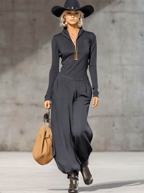 Casual Retro Sports Dark Grey Half-High Collar Front Zipper Long-Sleeved Top and Wide Trousers Set