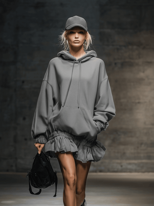 Casual and Fashionable Hooded Elastic Hem Grey Sweatshirt Mini Dress