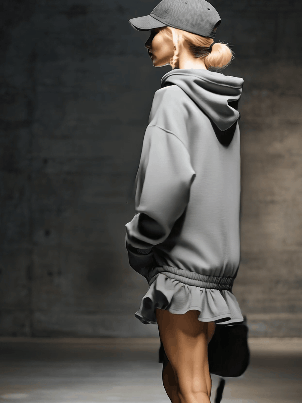 Casual and Fashionable Hooded Elastic Hem Grey Sweatshirt Mini Dress