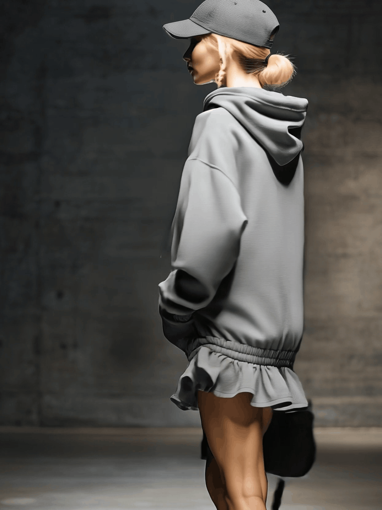 Casual and Fashionable Hooded Elastic Hem Grey Sweatshirt Mini Dress