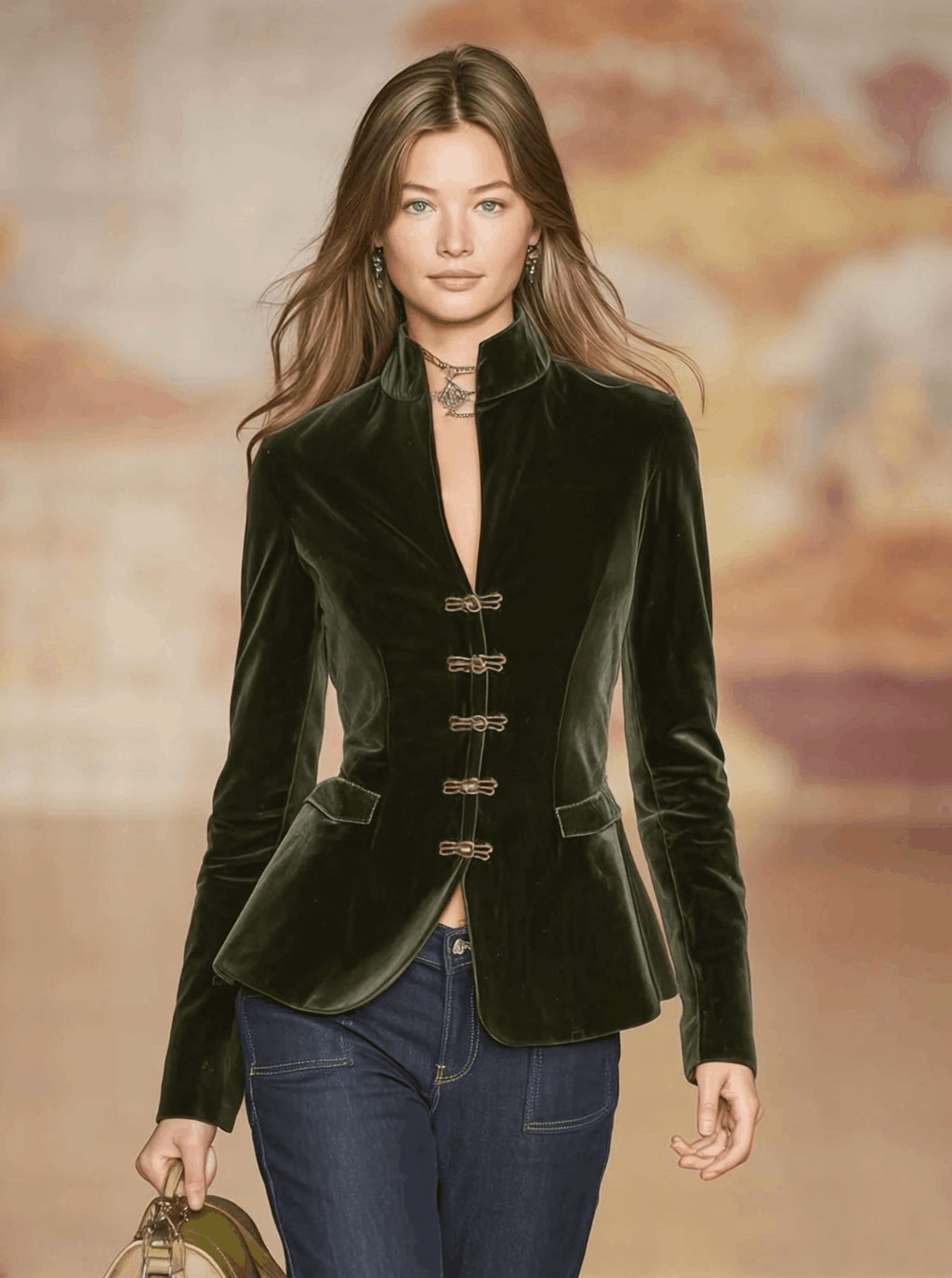 Elegant Retro Gold-Buttoned Dark Green Velvet Blazer
