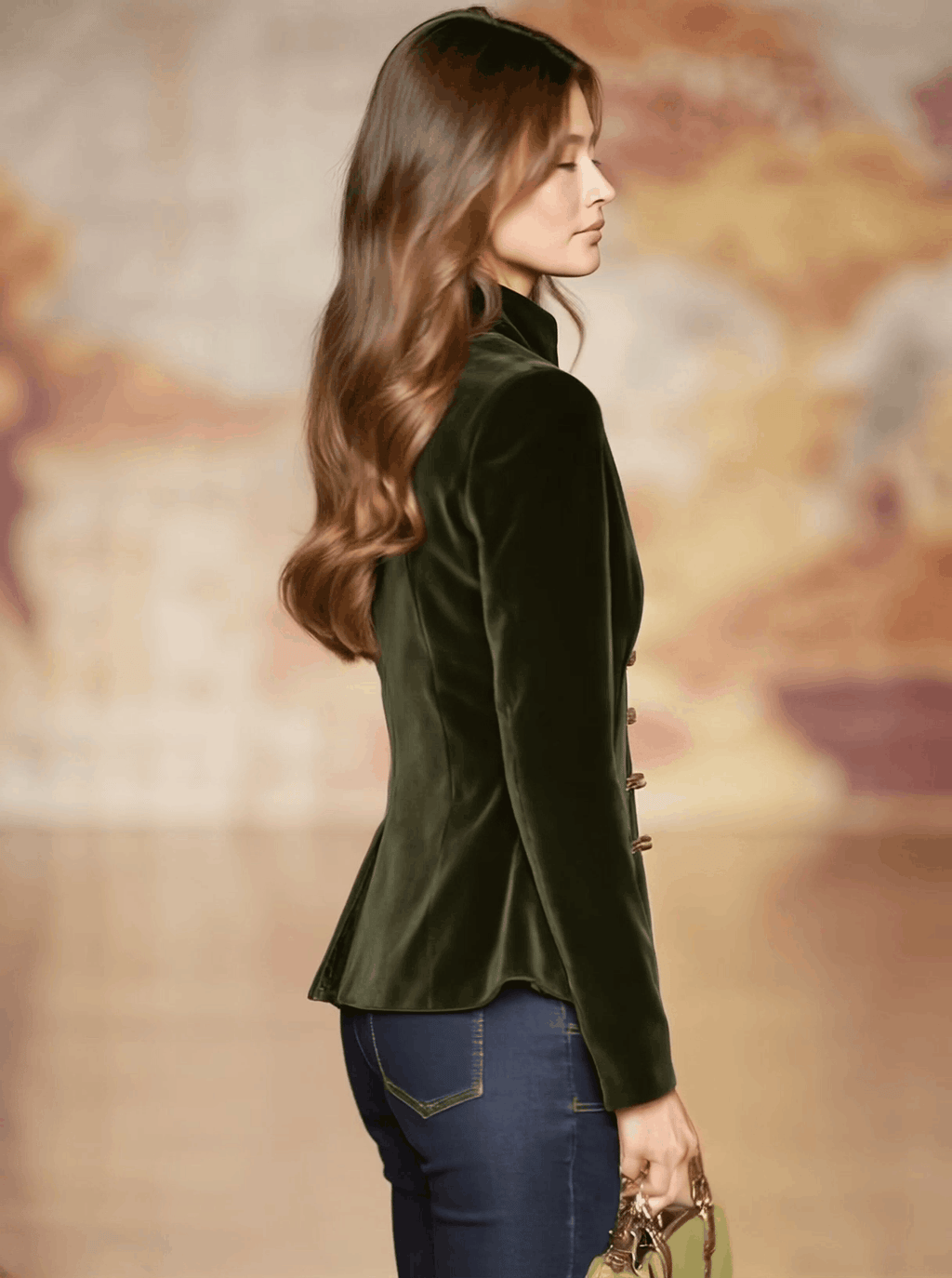 Elegant Retro Gold-Buttoned Dark Green Velvet Blazer