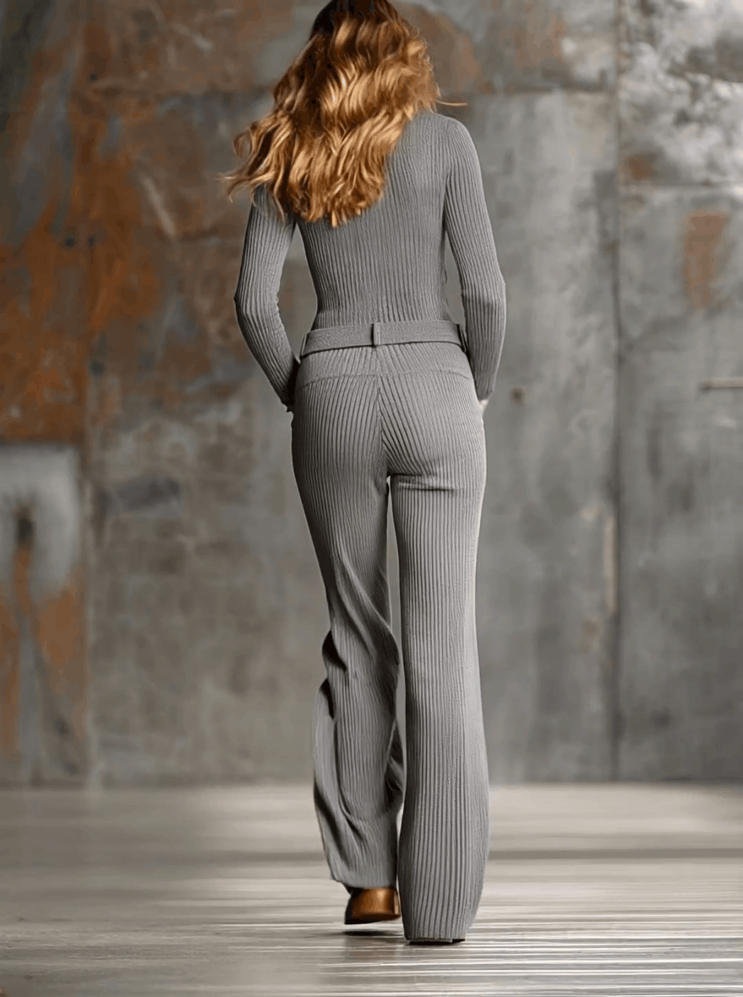 Fashionable Retro Grey Knit Half-zip Wide-leg Pants Set