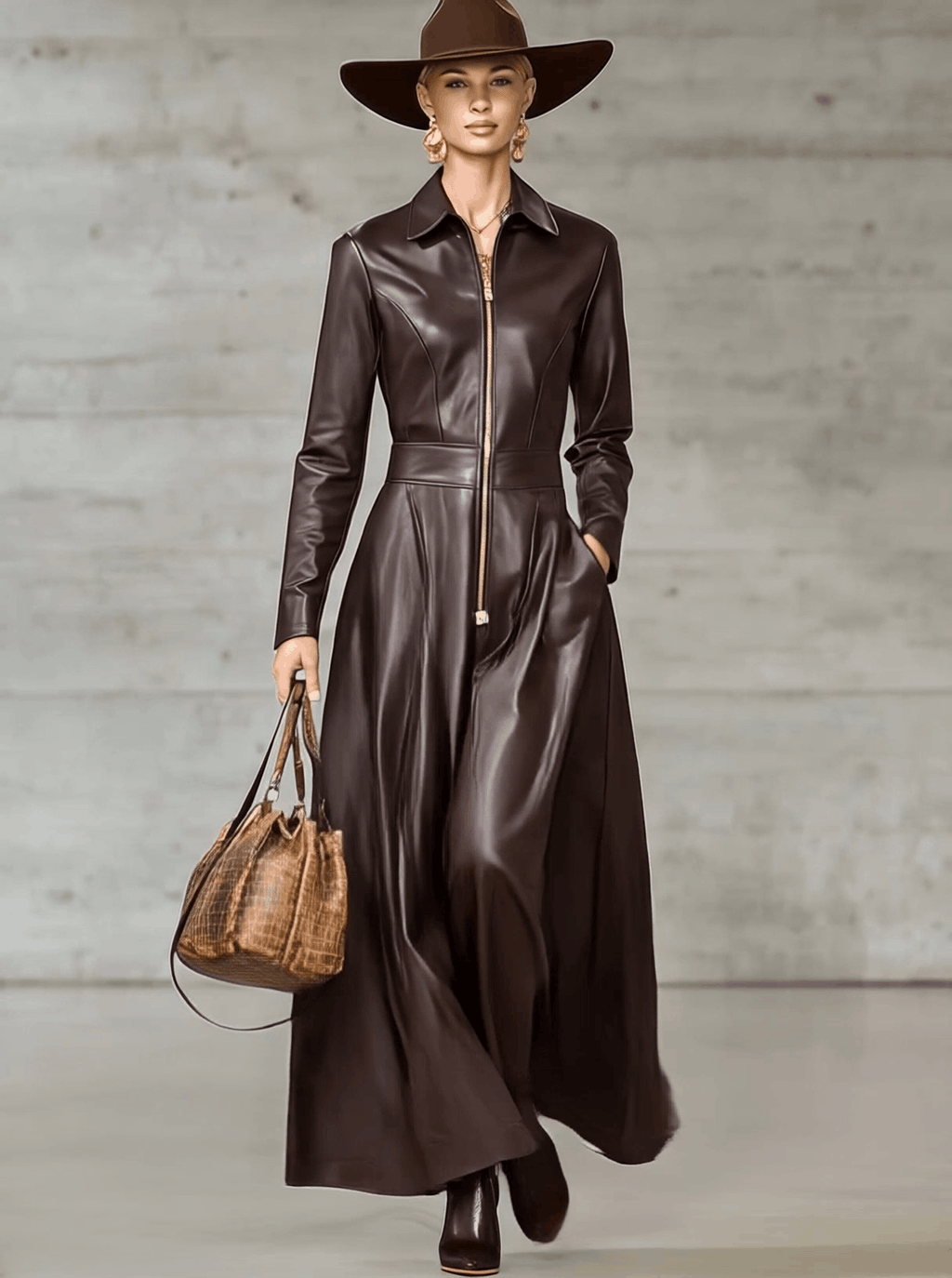 Exquisite Temperament Front Zipper Long Sleeve High-Quality Brown Leather Maxi Dress