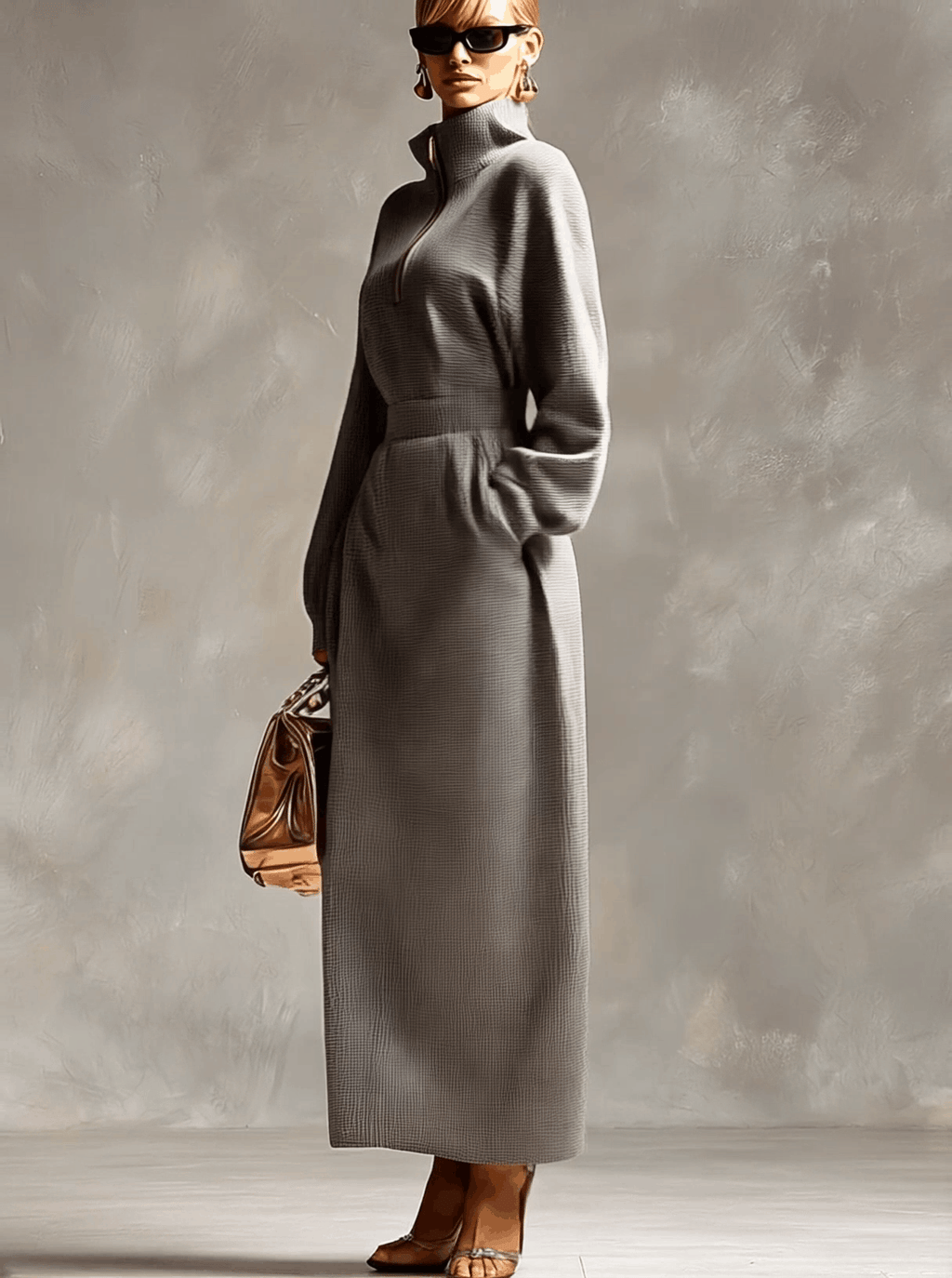 Exquisite Casual Lapel Front Zipper Long Sleeve Light Grey Waffle Fabric Maxi Dress
