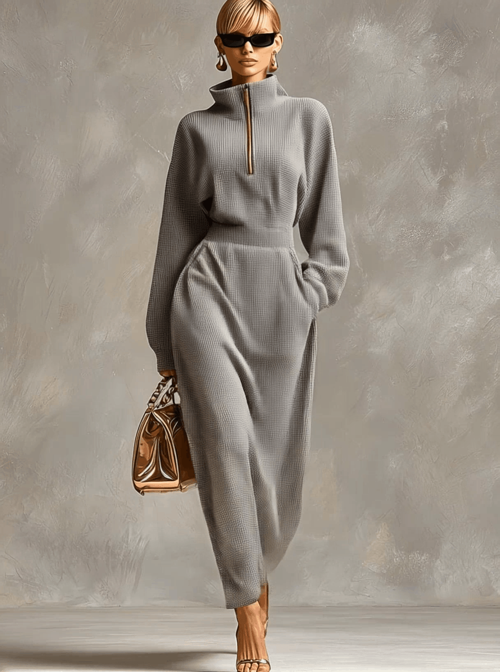 Exquisite Casual Lapel Front Zipper Long Sleeve Light Grey Waffle Fabric Maxi Dress