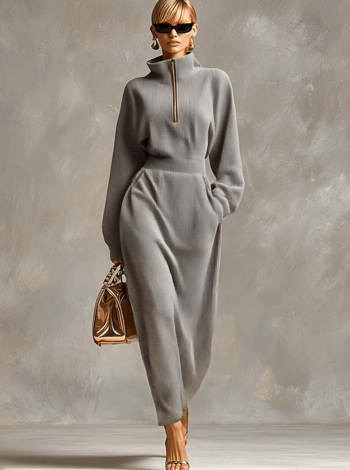 Exquisite Casual Lapel Front Zipper Long Sleeve Light Grey Waffle Fabric Maxi Dress