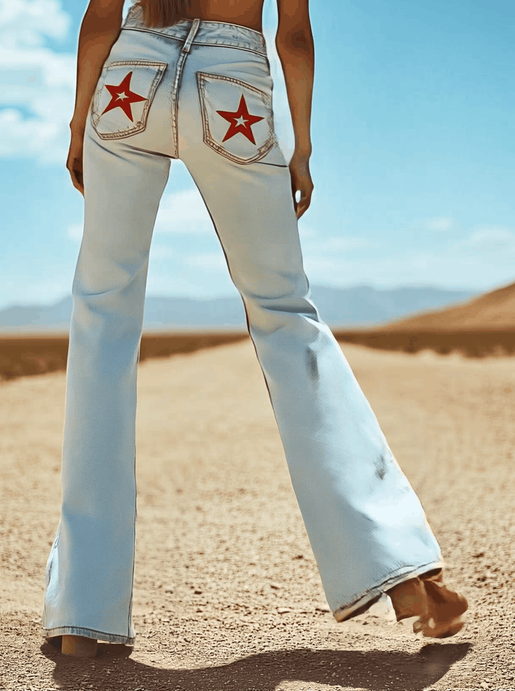 【24-hour shipping out】Vintage Back Pocket Star Embroidery Denim Flared Trousers