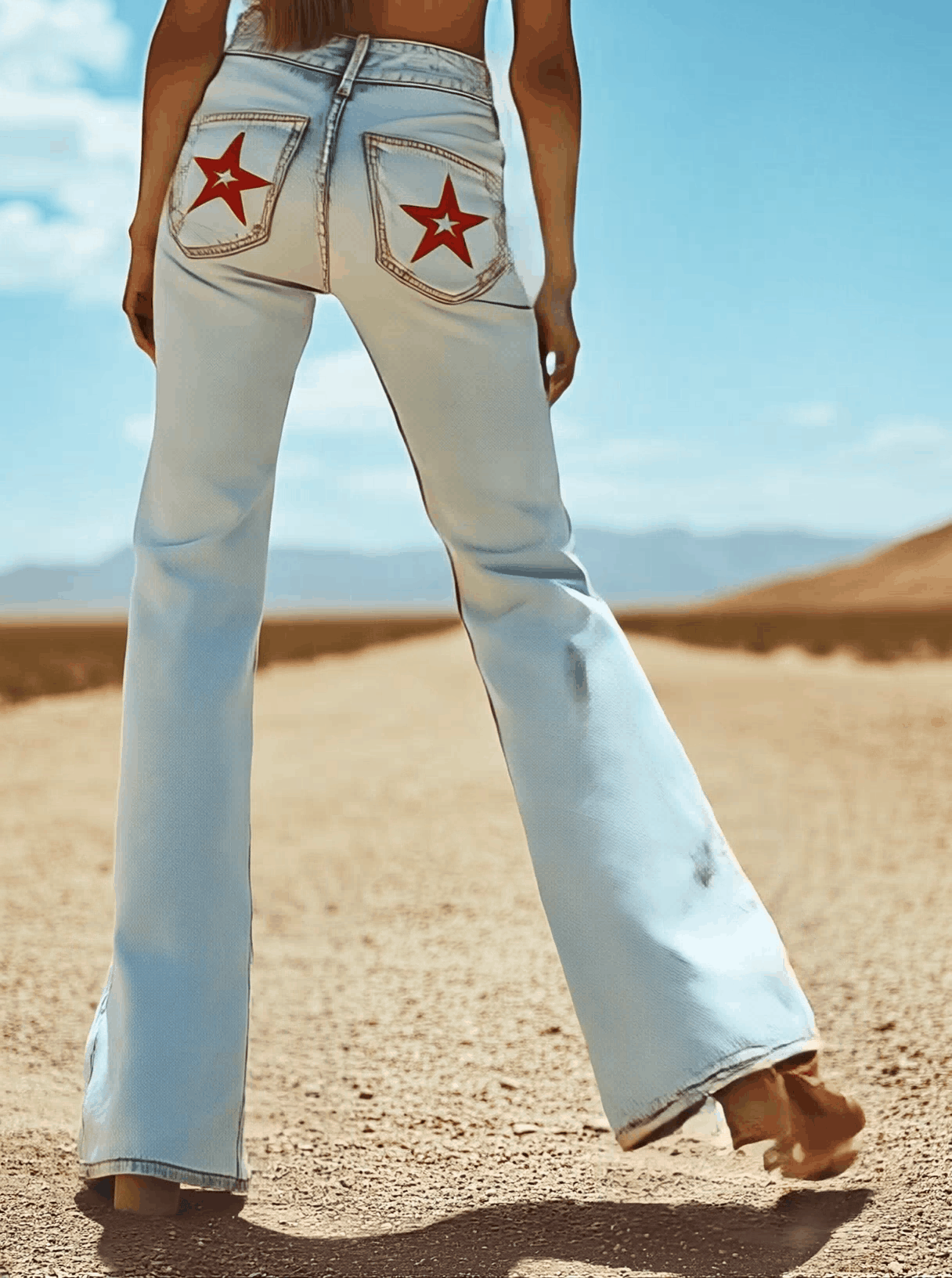 【24-hour shipping out】Vintage Back Pocket Star Embroidery Denim Flared Trousers