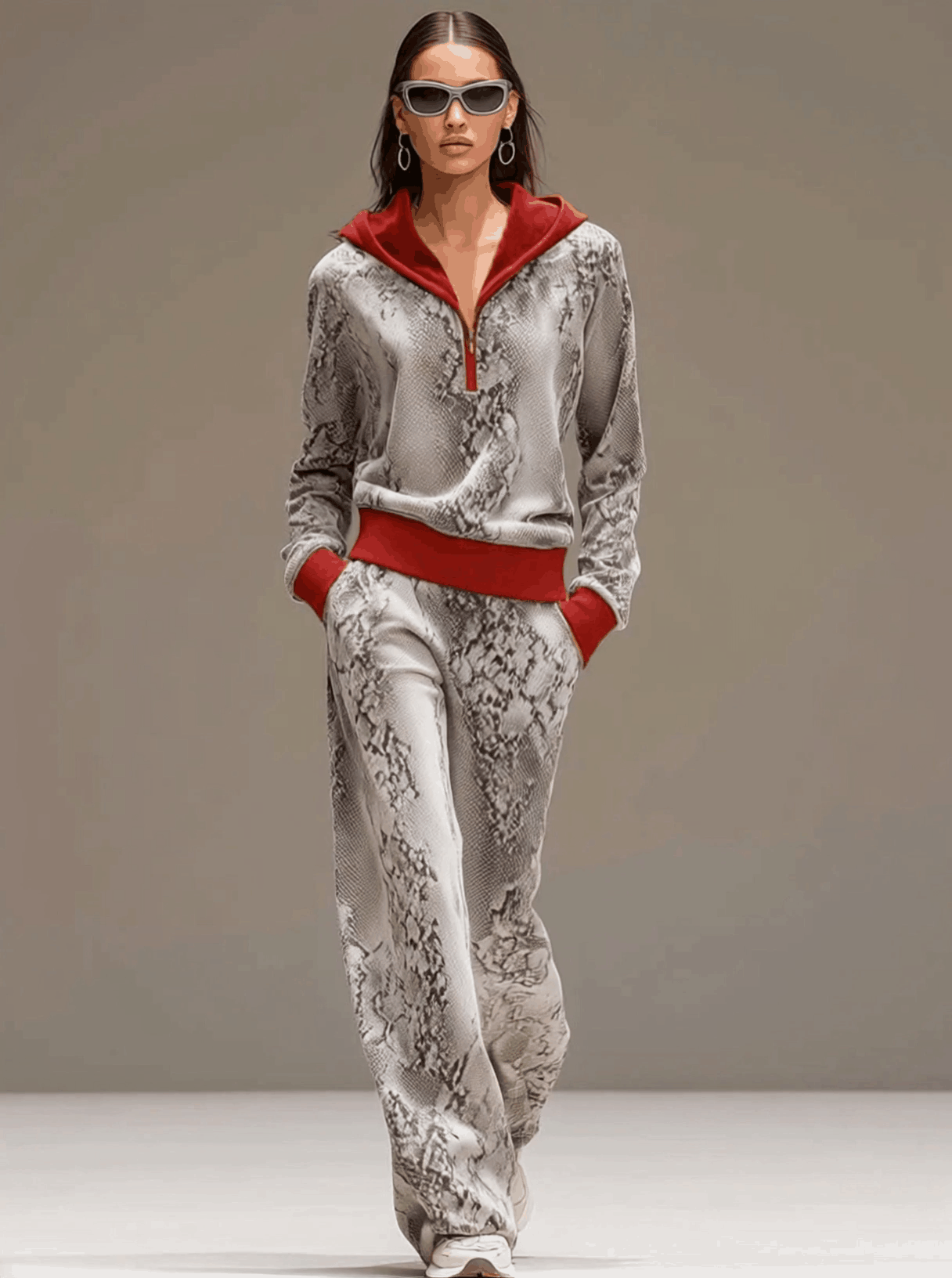 Casual Sporty Retro Snakeskin Grey Velvet Hooded Sweatshirt Wide-Leg Set