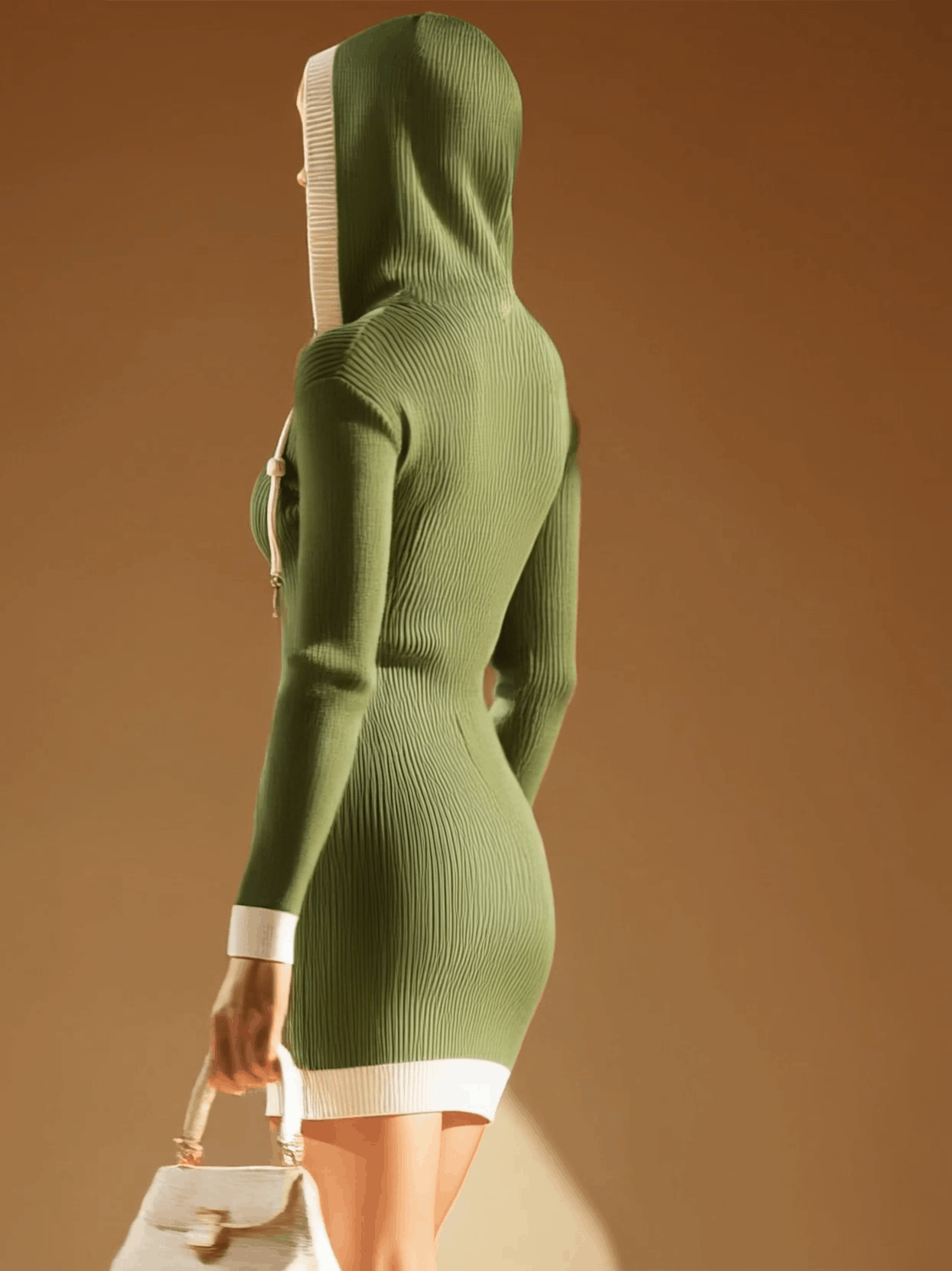 Stylish and Casual White-trimmed Green Hooded Knitted Mini Dress