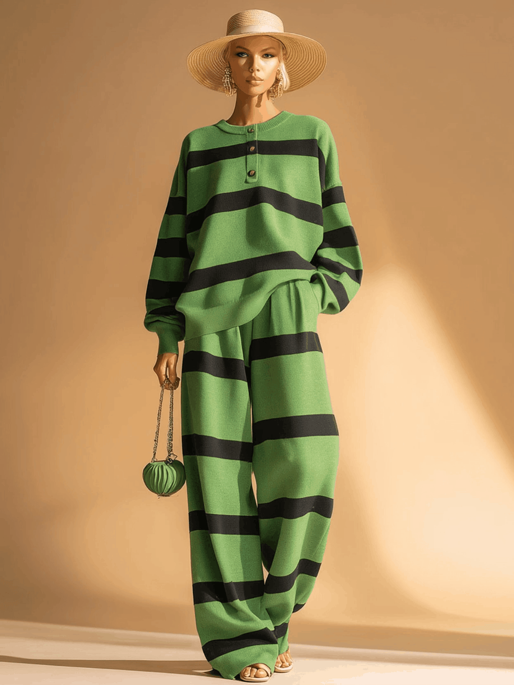 Casual Sports Green And Black Striped Sweatshirt And Trousers Set