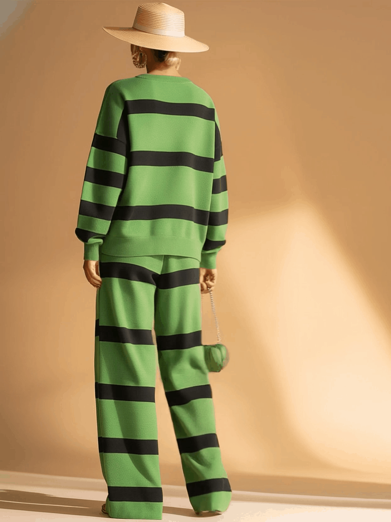 Casual Sports Green And Black Striped Sweatshirt And Trousers Set