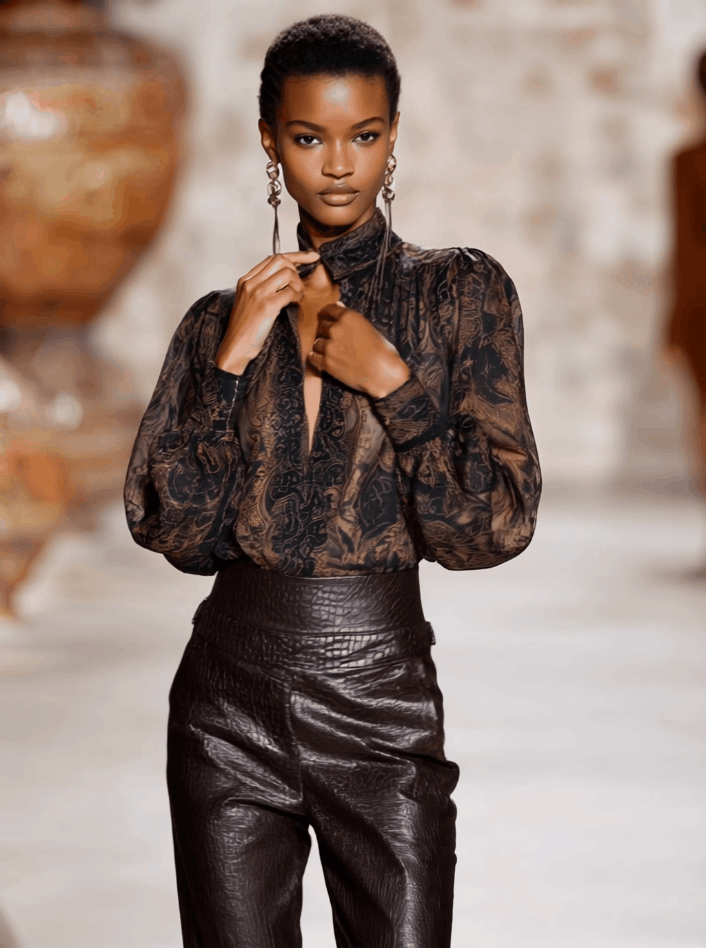 Premium Printed V-Neck Mocha Brown Long Sleeve Shirt