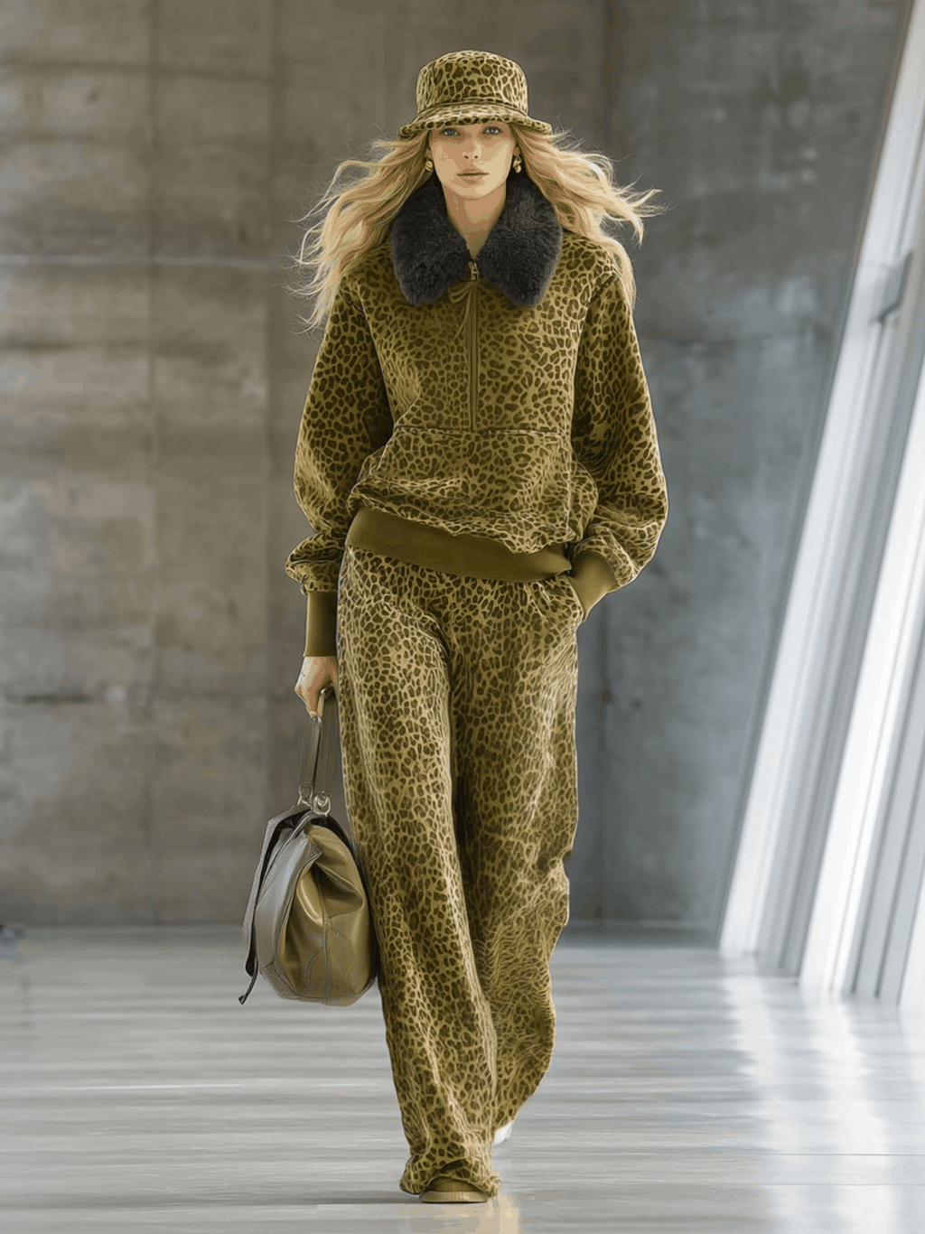 High-end Fashionable Leopard Print Velvet Faux Fur Collar Sweatshirt Wide-leg Trousers Suit