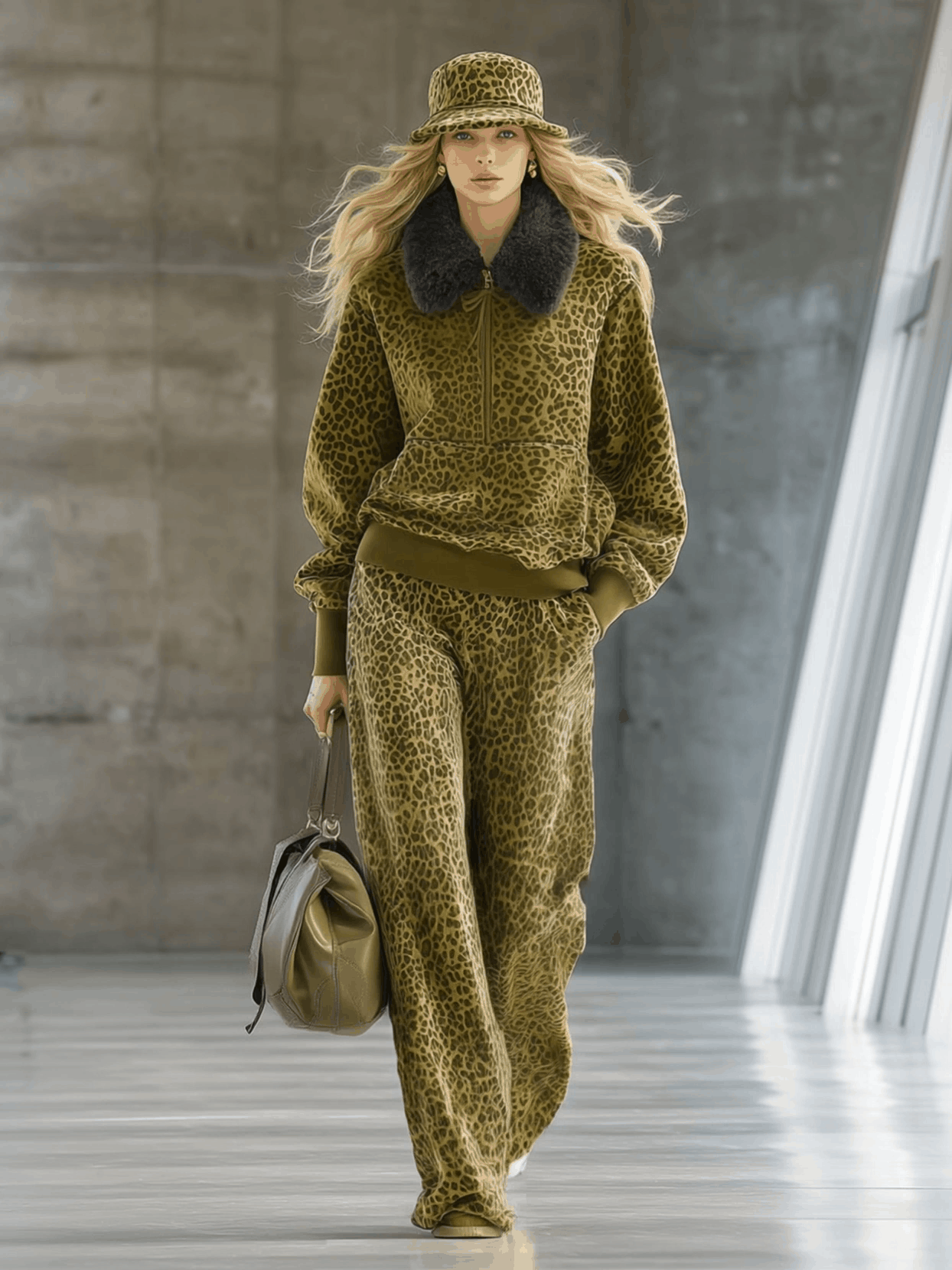 High-end Fashionable Leopard Print Velvet Faux Fur Collar Sweatshirt Wide-leg Trousers Suit