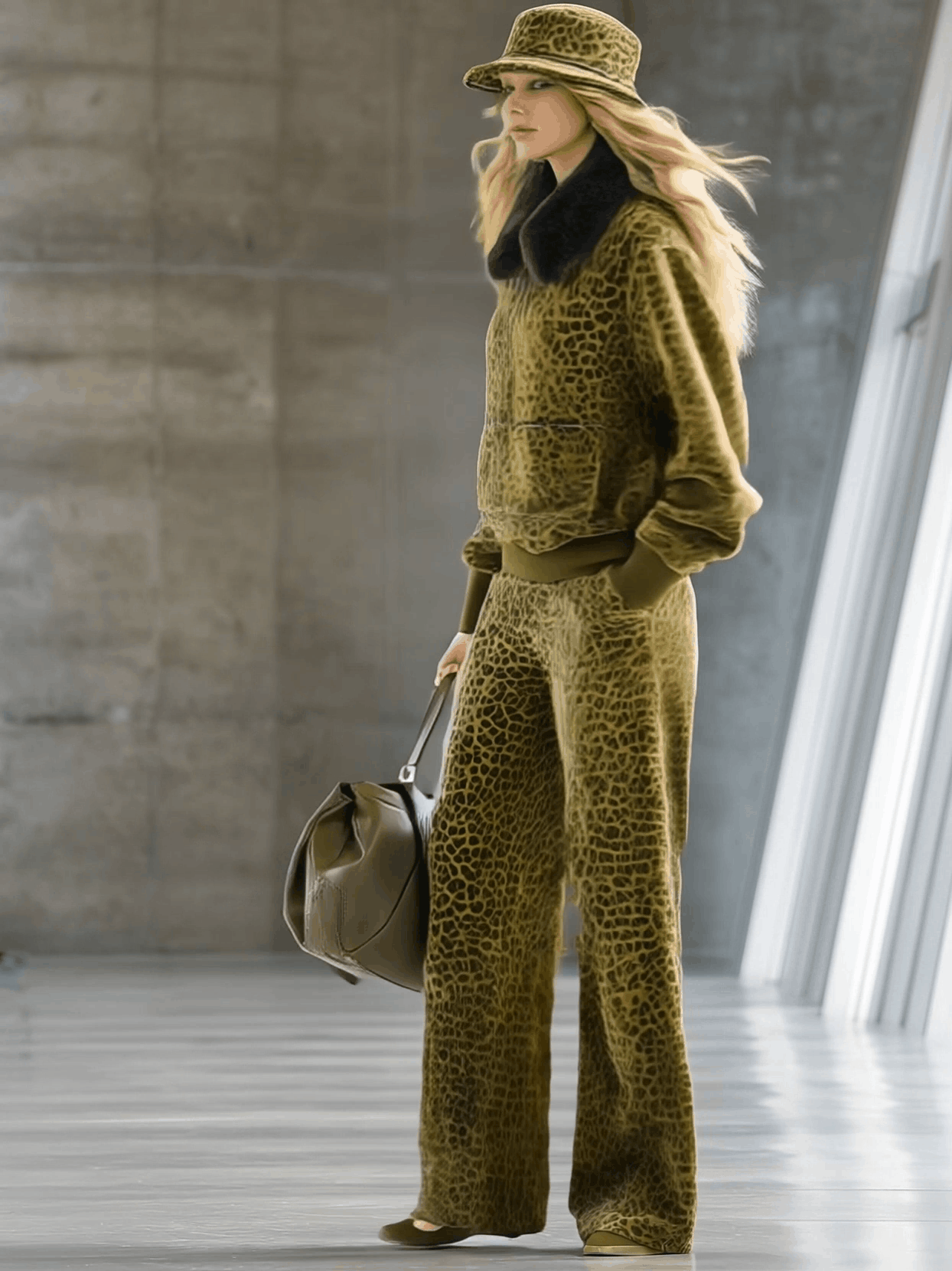 High-end Fashionable Leopard Print Velvet Faux Fur Collar Sweatshirt Wide-leg Trousers Suit