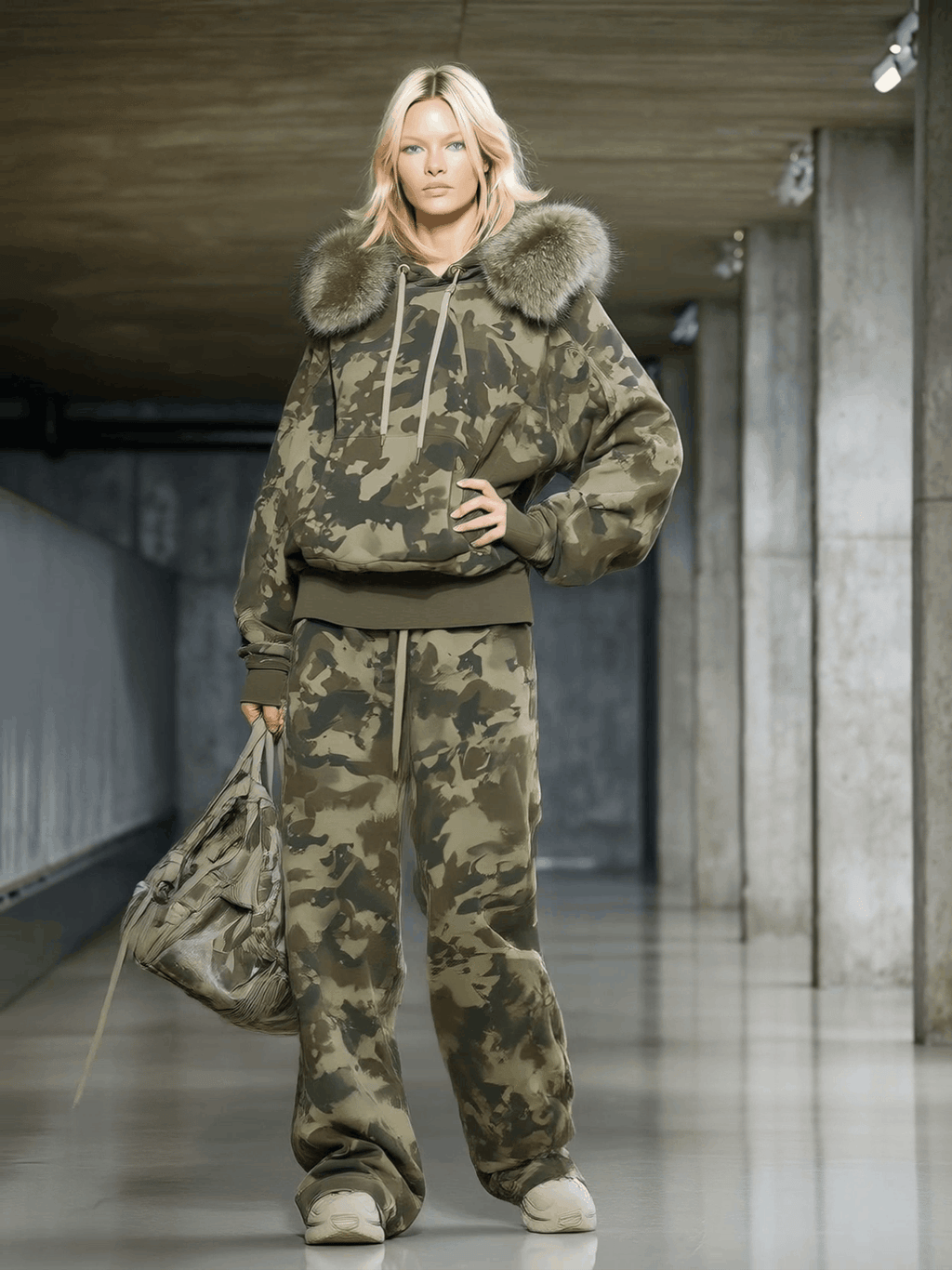 Casual and Fashionable Camouflage Print Faux Fur Collar Sweatshirt and Wide-leg Pants Suit