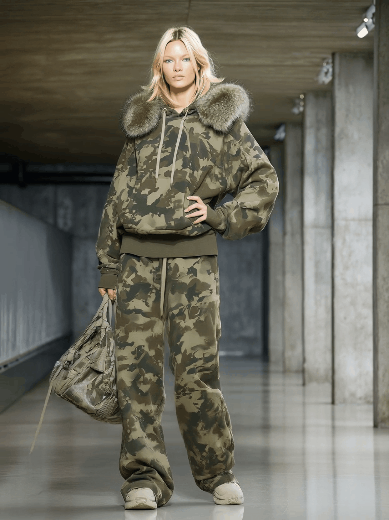 Casual and Fashionable Camouflage Print Faux Fur Collar Sweatshirt and Wide-Leg Pants Suit
