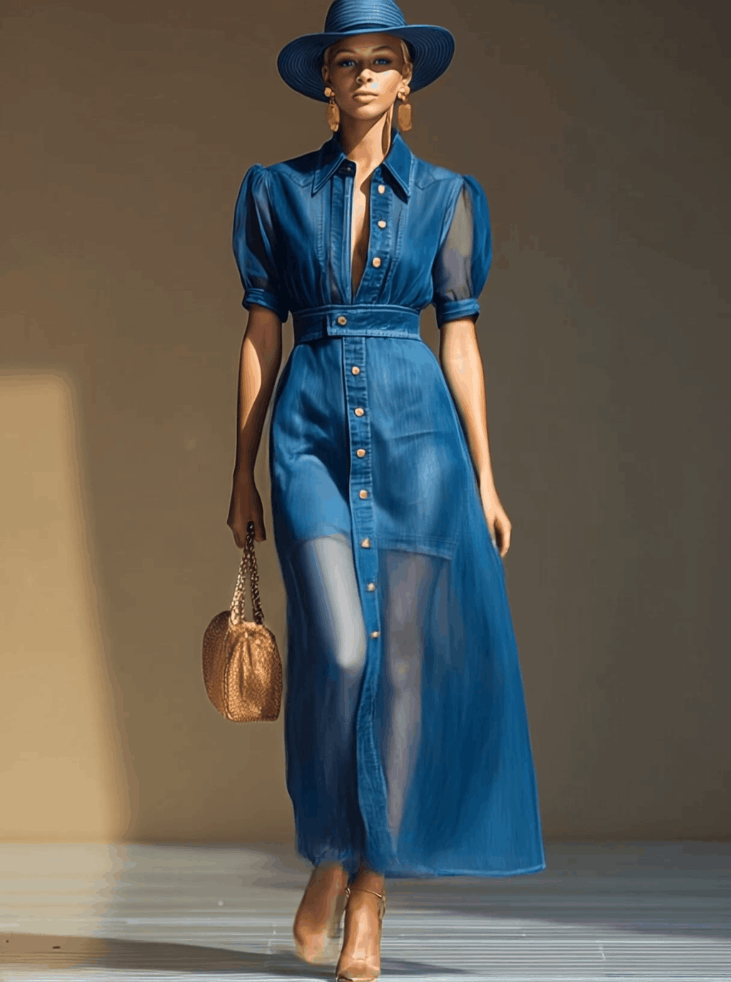 Exquisite Fashionable Front Button V-neck Short-sleeved Organza Overlay Blue Denim Maxi Dress