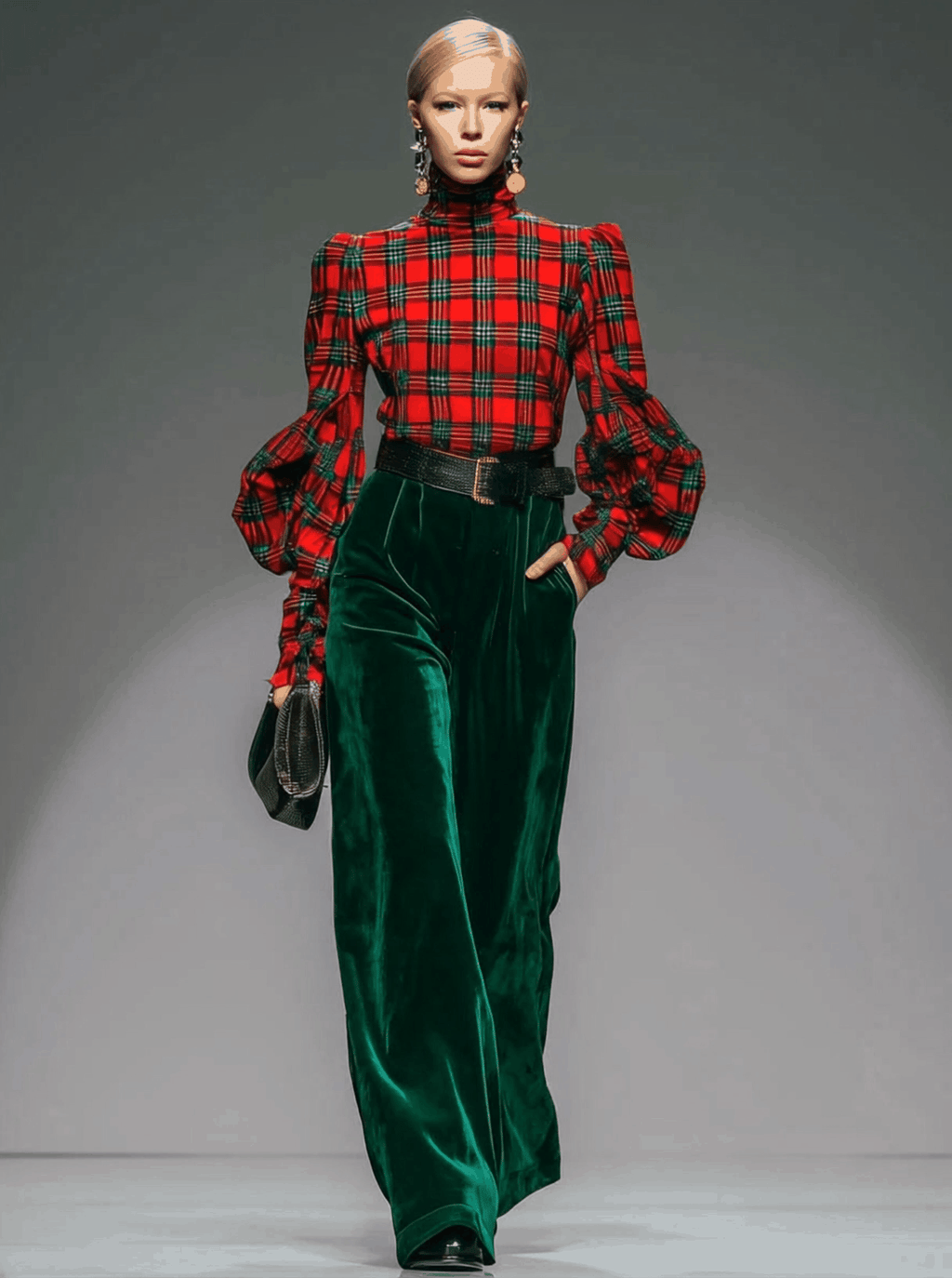 Trendy Retro Plaid Velvet Turtleneck Long-sleeved T-shirt and Wide-leg Trousers Set
