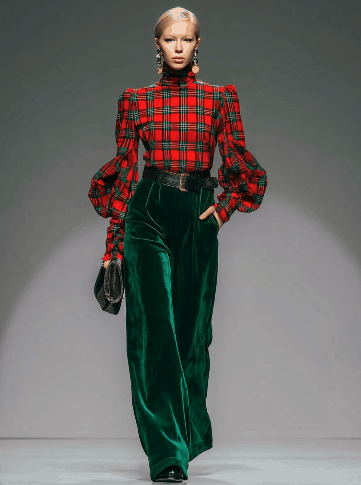 Trendy Retro Plaid Velvet Turtleneck Long-Sleeved T-Shirt and Wide-Leg Trousers Set