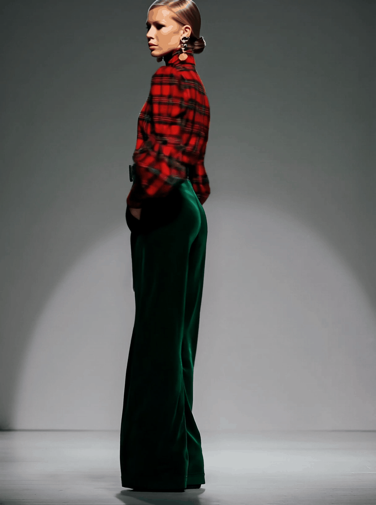 Trendy Retro Plaid Velvet Turtleneck Long-sleeved T-shirt and Wide-leg Trousers Set