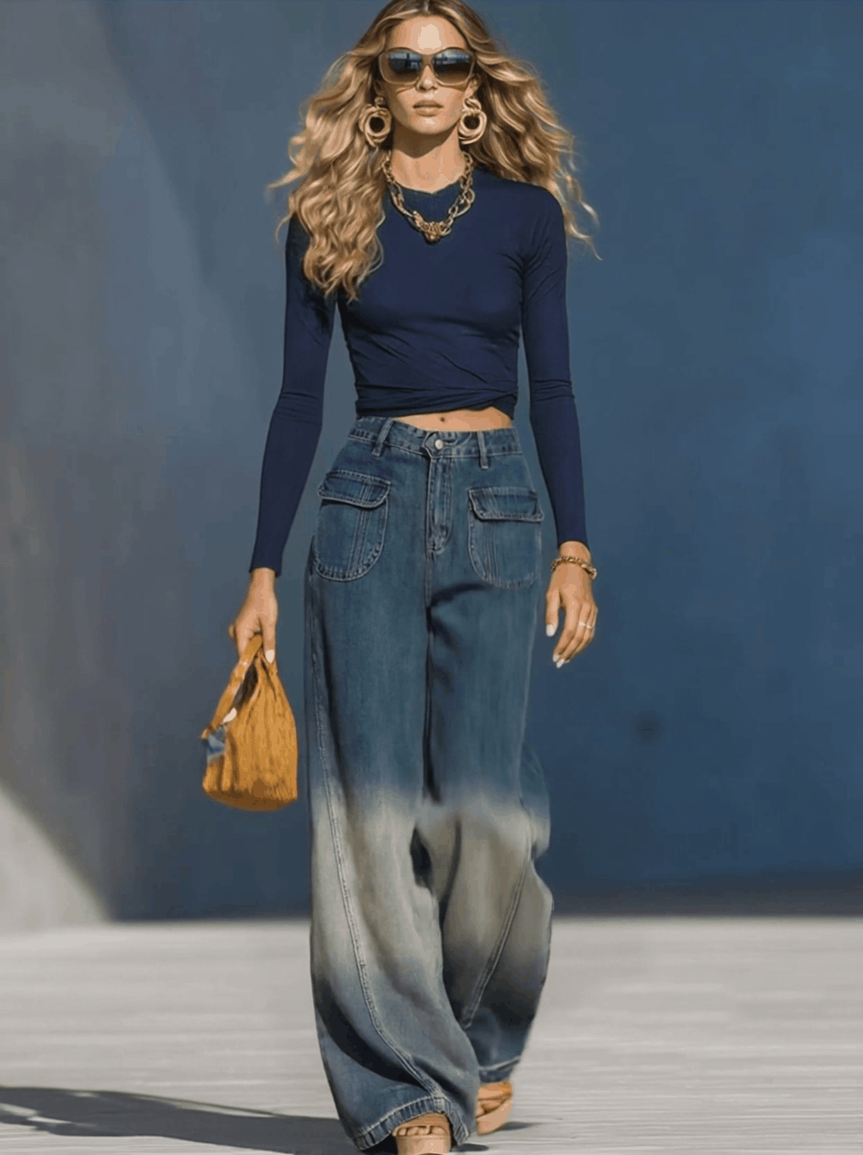 Casual Fashion Gradient Washed Denim Blue Grey Loose Trousers