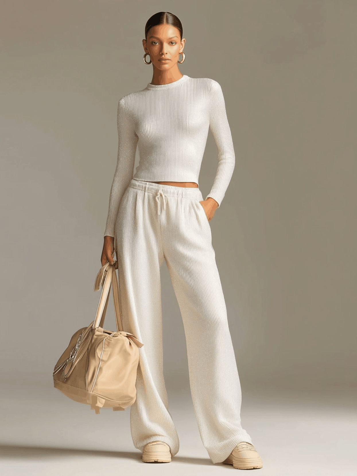 Fashionable Sporty White Knit Ribbed Crew Neck Top and Wide-Leg Pants Set