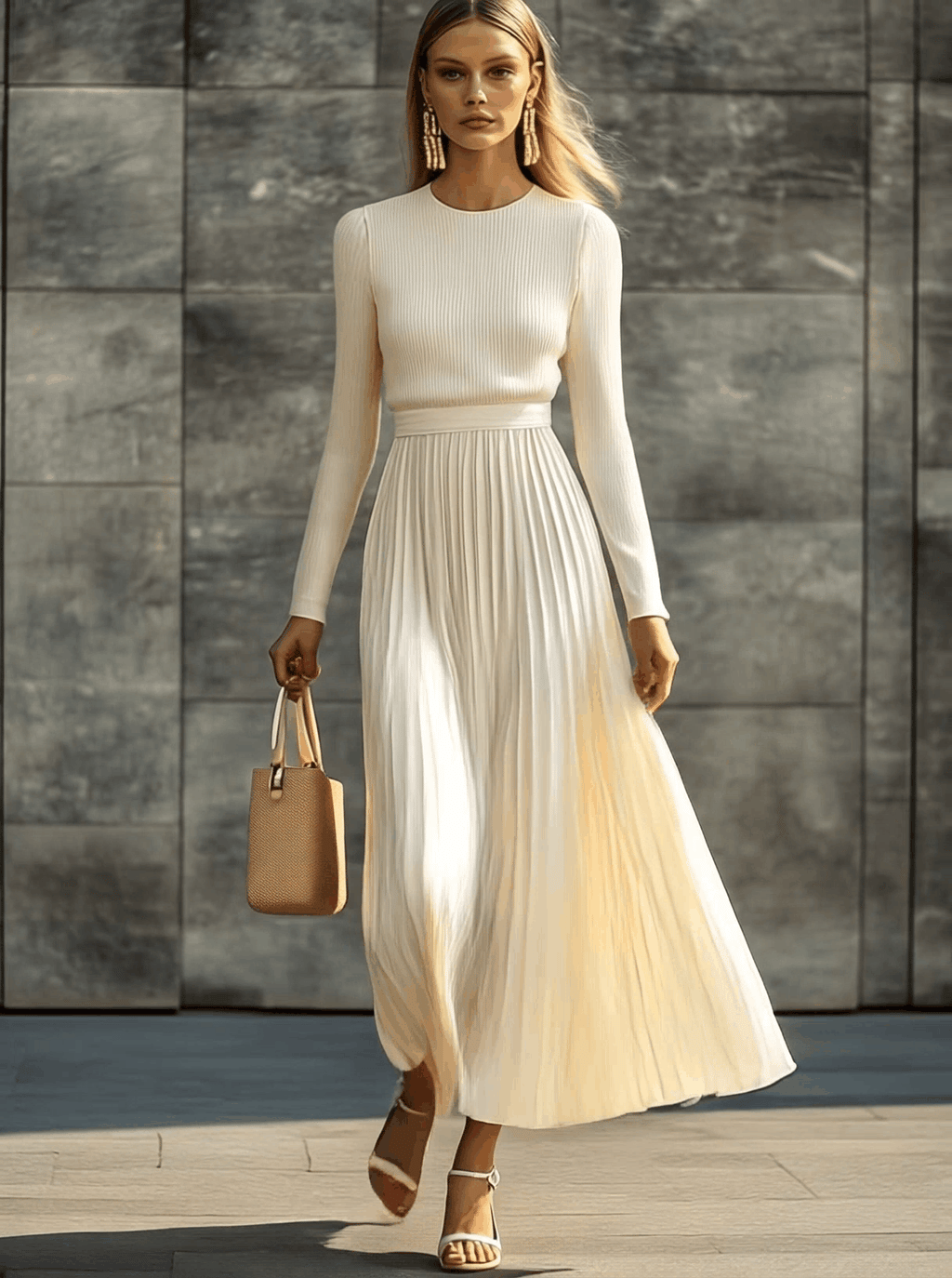 Elegant Casual and Comfortable Long-sleeved Cream Knitted Satin Pleated Hem Maxi Dress