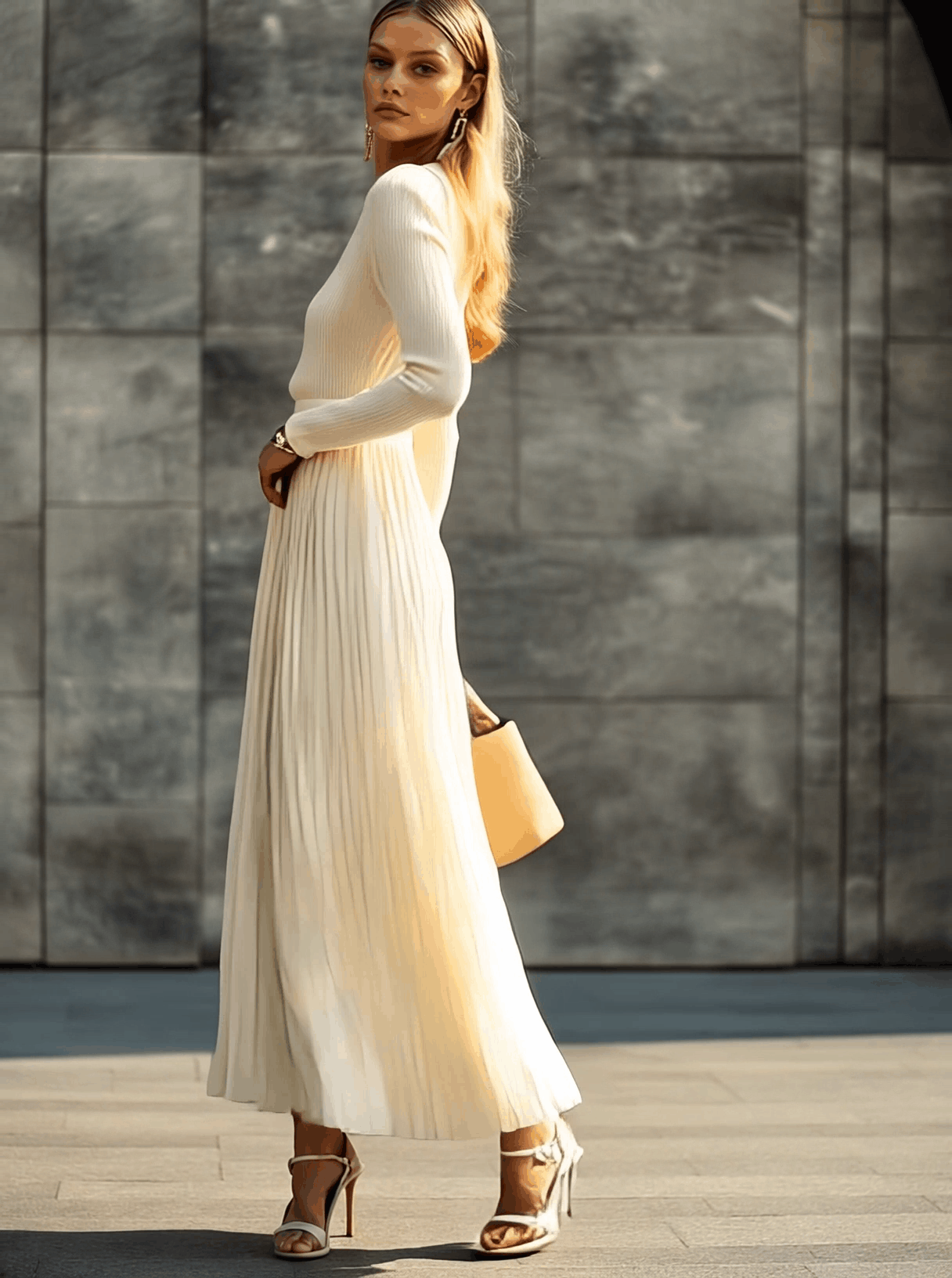 Elegant Casual and Comfortable Long-sleeved Cream Knitted Satin Pleated Hem Maxi Dress
