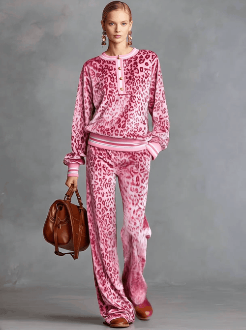 Casual Sporty Retro Pink Velvet Leopard Print Sweatshirt and Wide-Leg Trousers Set