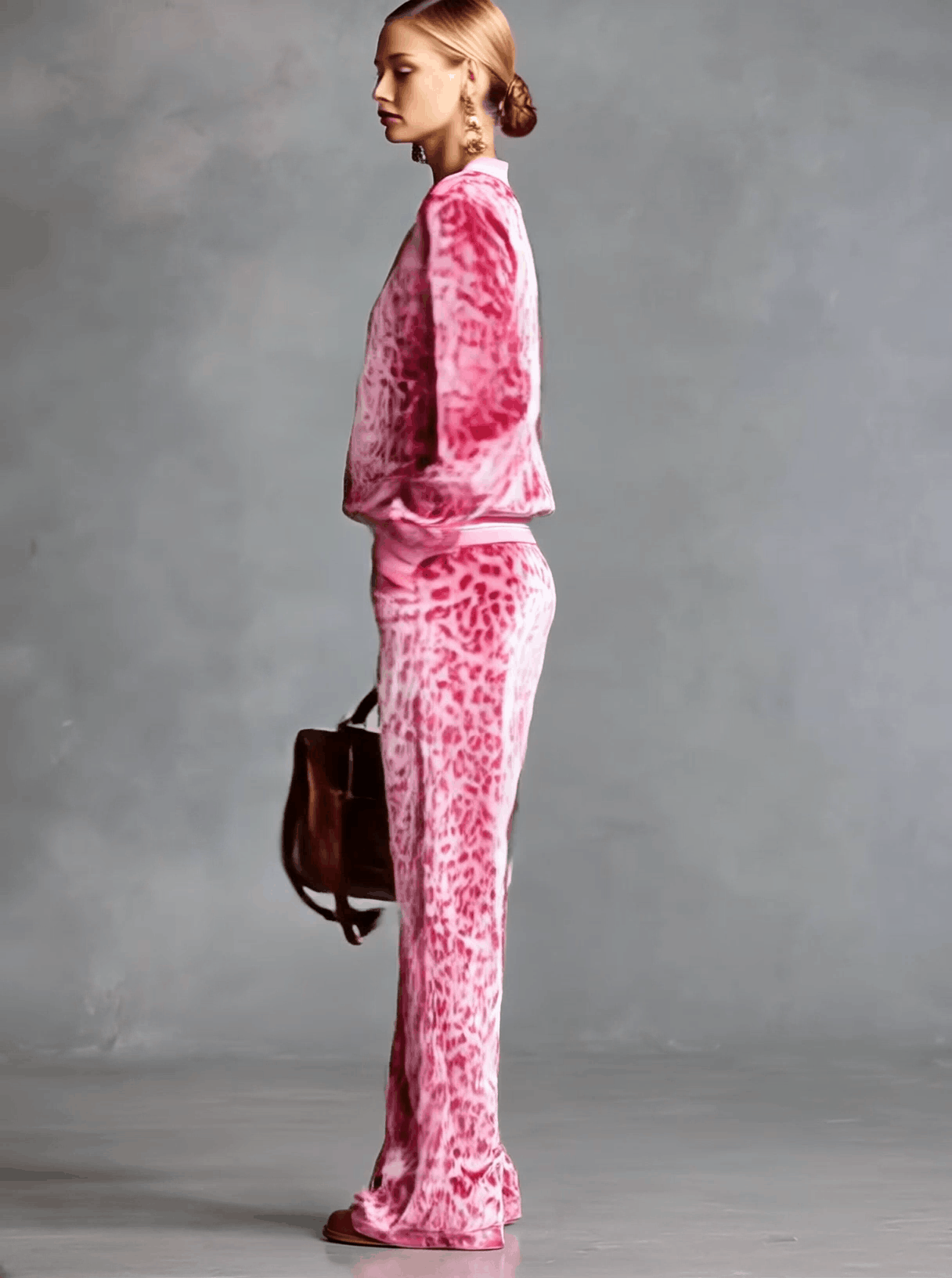 Casual Sporty Retro Pink Velvet Leopard Print Sweatshirt and Wide-Leg Trousers Set