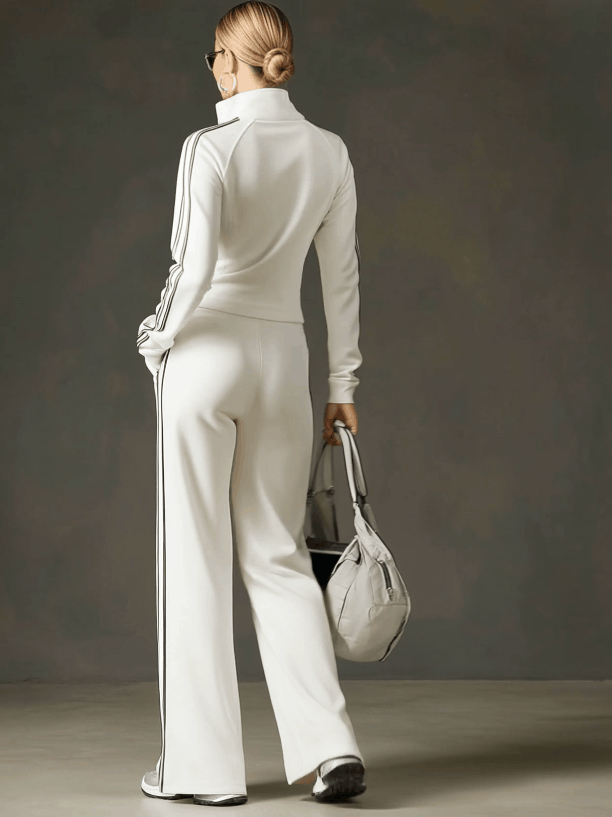 Sporty Retro Striped Webbing White Long-Sleeve Sweatshirt And Wide-Leg Trousers Set