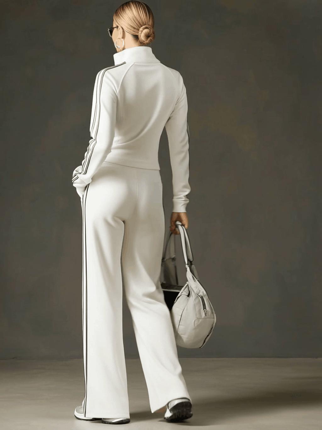 Sporty Retro Striped Webbing White Long-Sleeve Sweatshirt and Wide-Leg Trousers Set