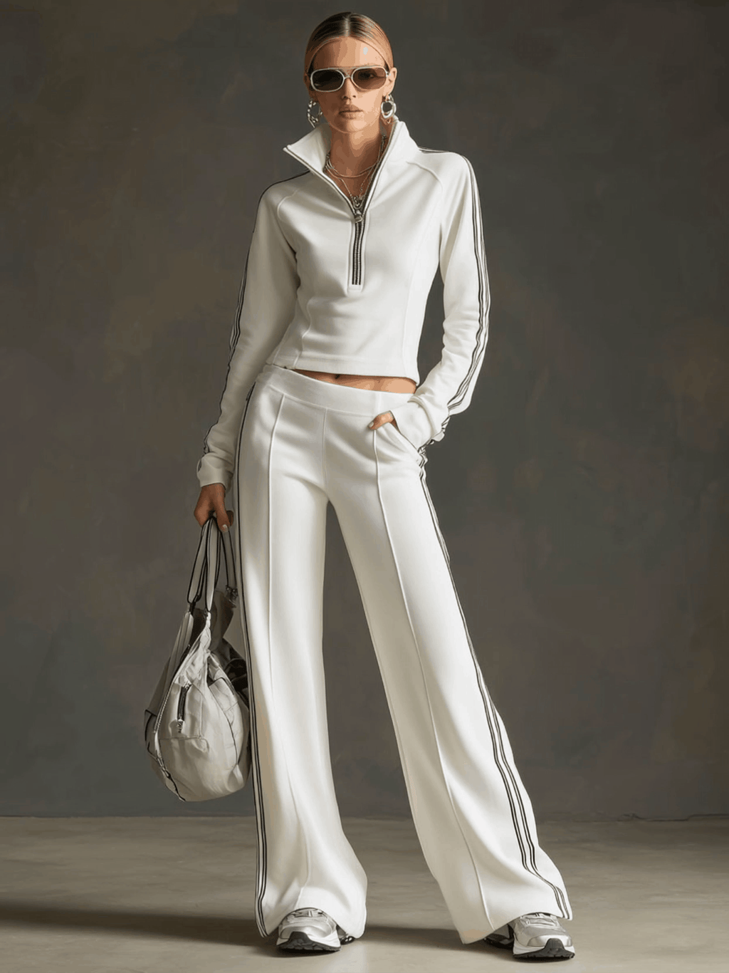 Sporty Retro Striped Webbing White Long-Sleeve Sweatshirt and Wide-Leg Trousers Set