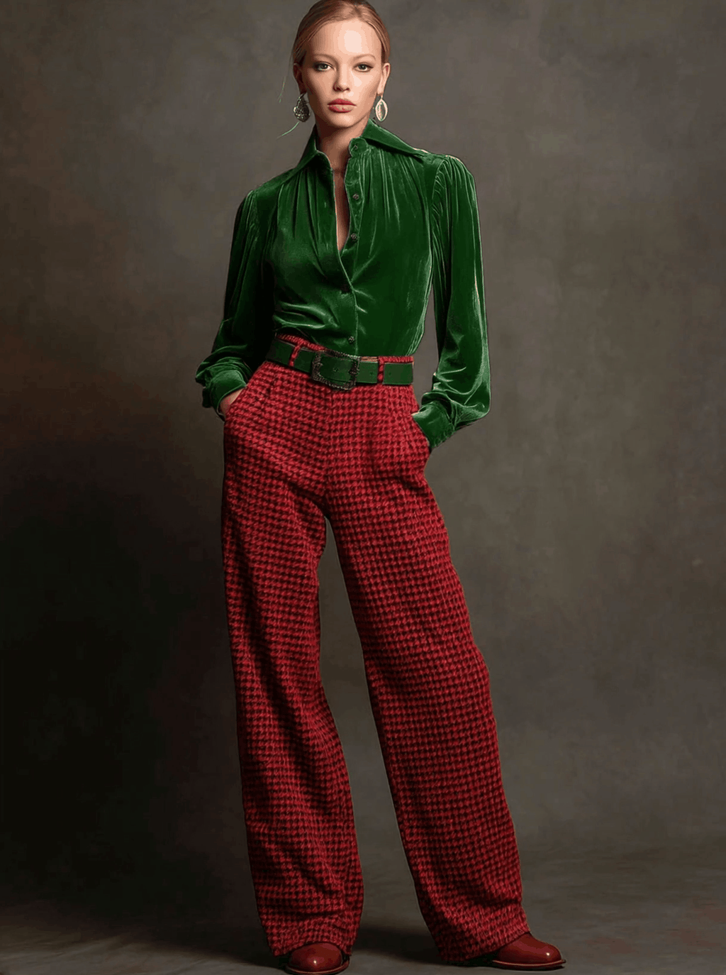 Retro Green Velvet Pleated Long-sleeved Shirt and Houndstooth Wide-leg Trousers Set
