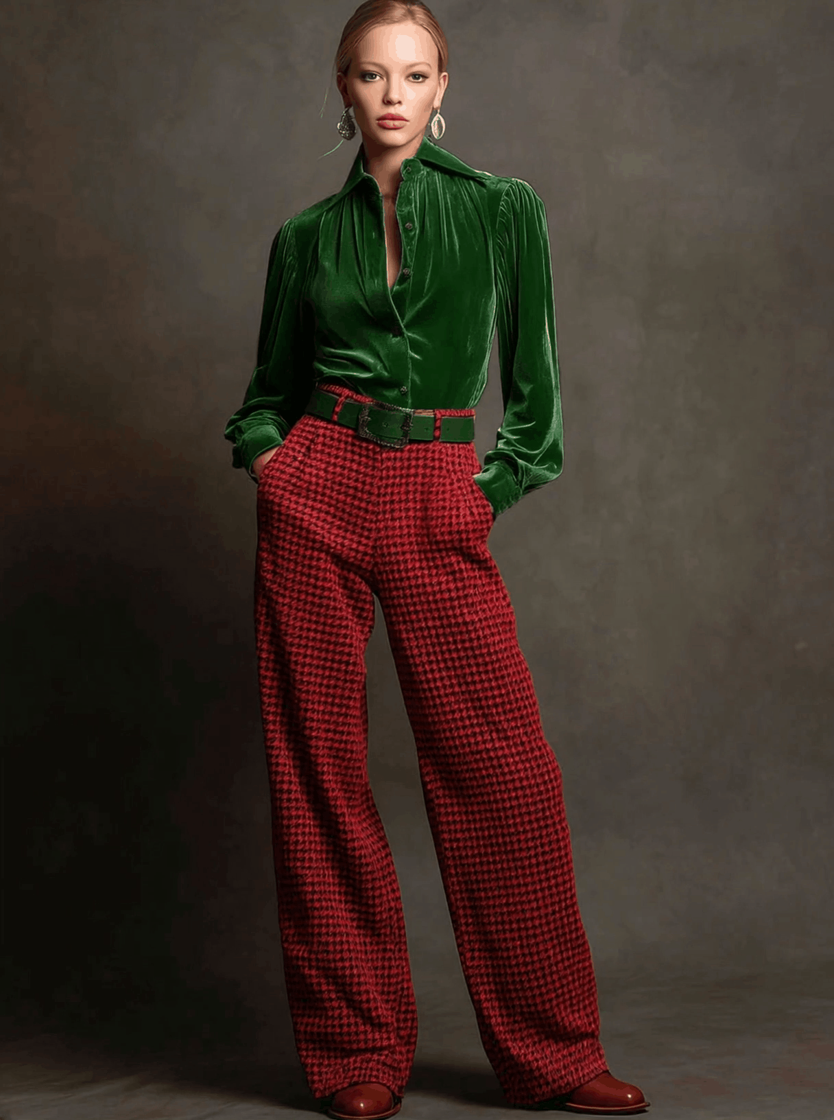 Retro Green Velvet Pleated Long-sleeved Shirt and Houndstooth Wide-leg Trousers Set