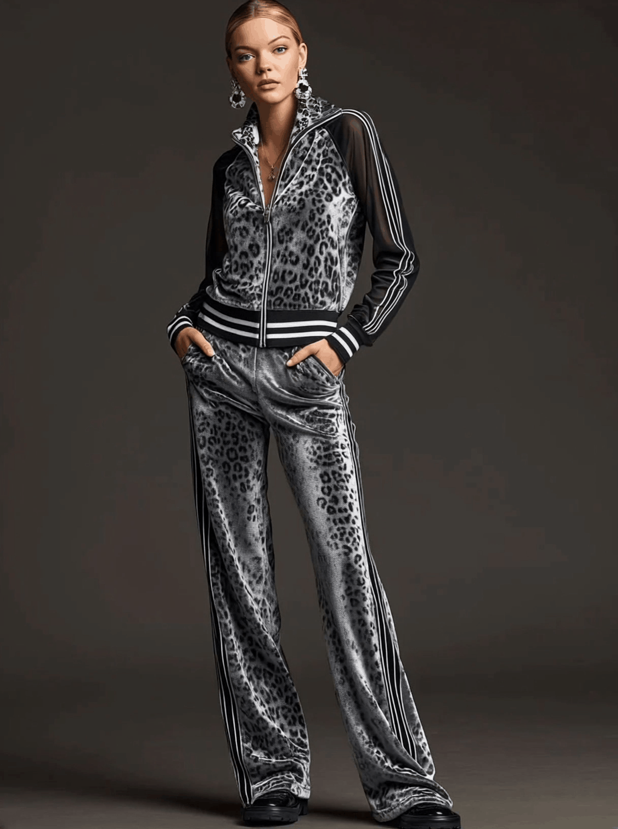 Sporty Retro Striped Mesh Sleeve Grey Leopard Print Velvet Sweatshirt And Pants Set