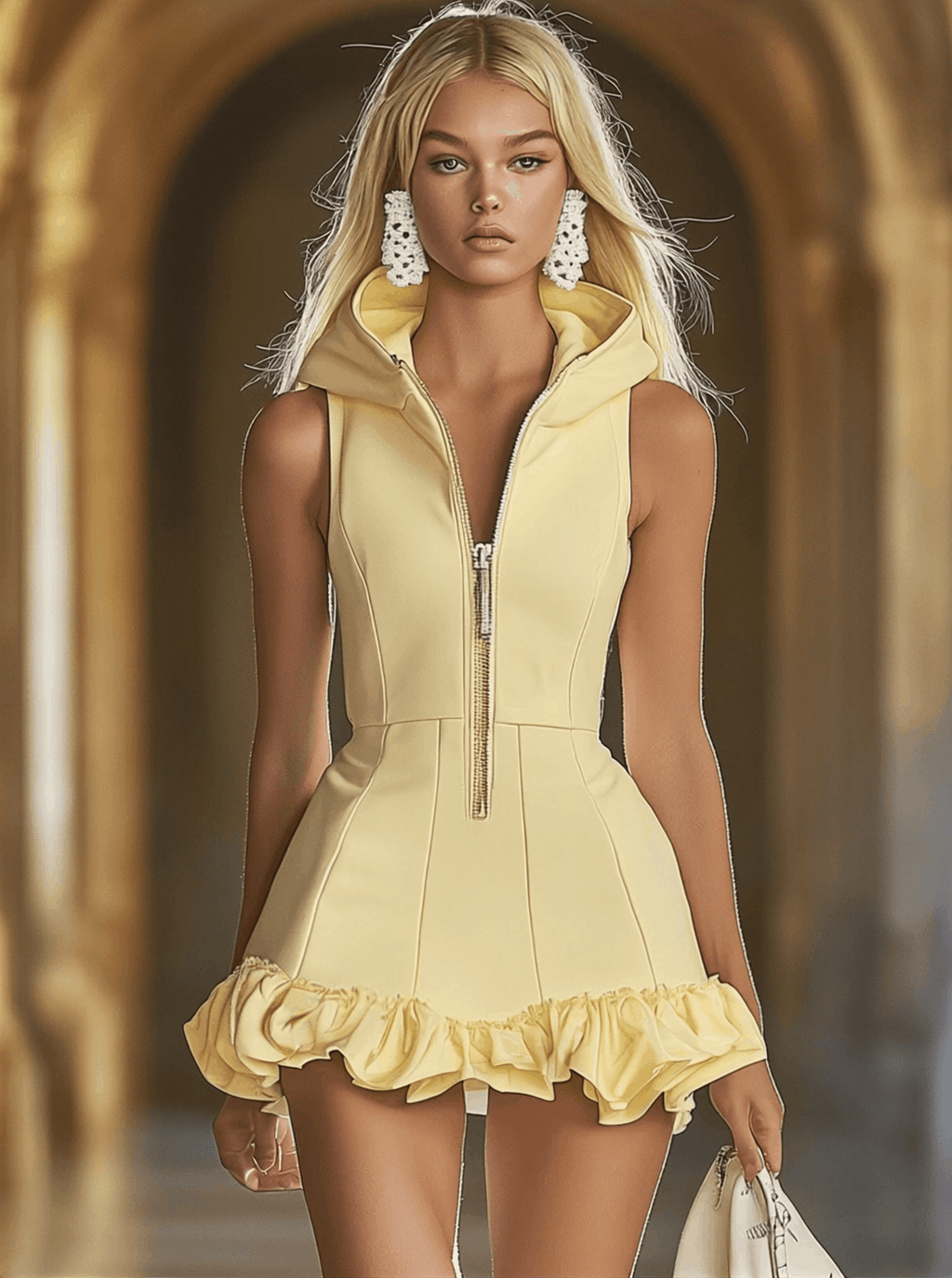 Fashion Slim Fit Goose Yellow Front Zip Hooded Ruffle Sleeveless Mini Dress