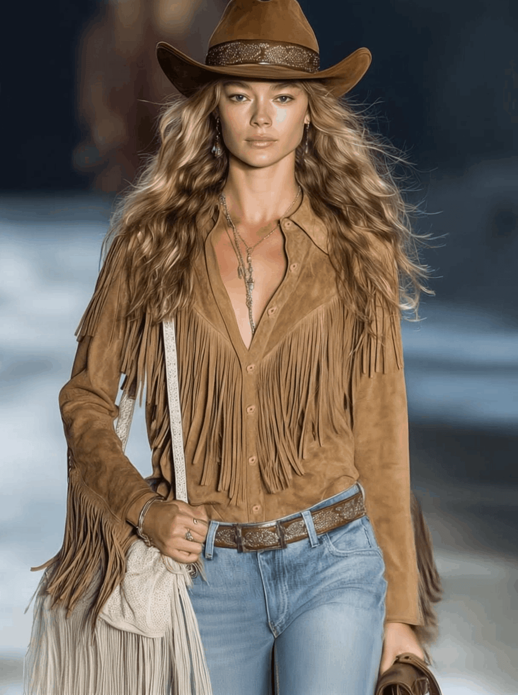 Casual Vintage Western Button Front Tassel Long Sleeve Light Brown Faux Suede Shirt Top