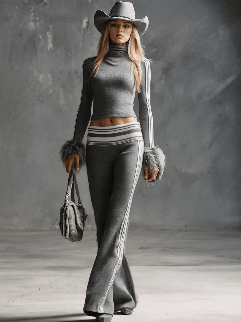 Retro Fashion Sporty Grey Knitted Feather Cuffs High-neck Top And Slim-fit Flared Trousers Suit