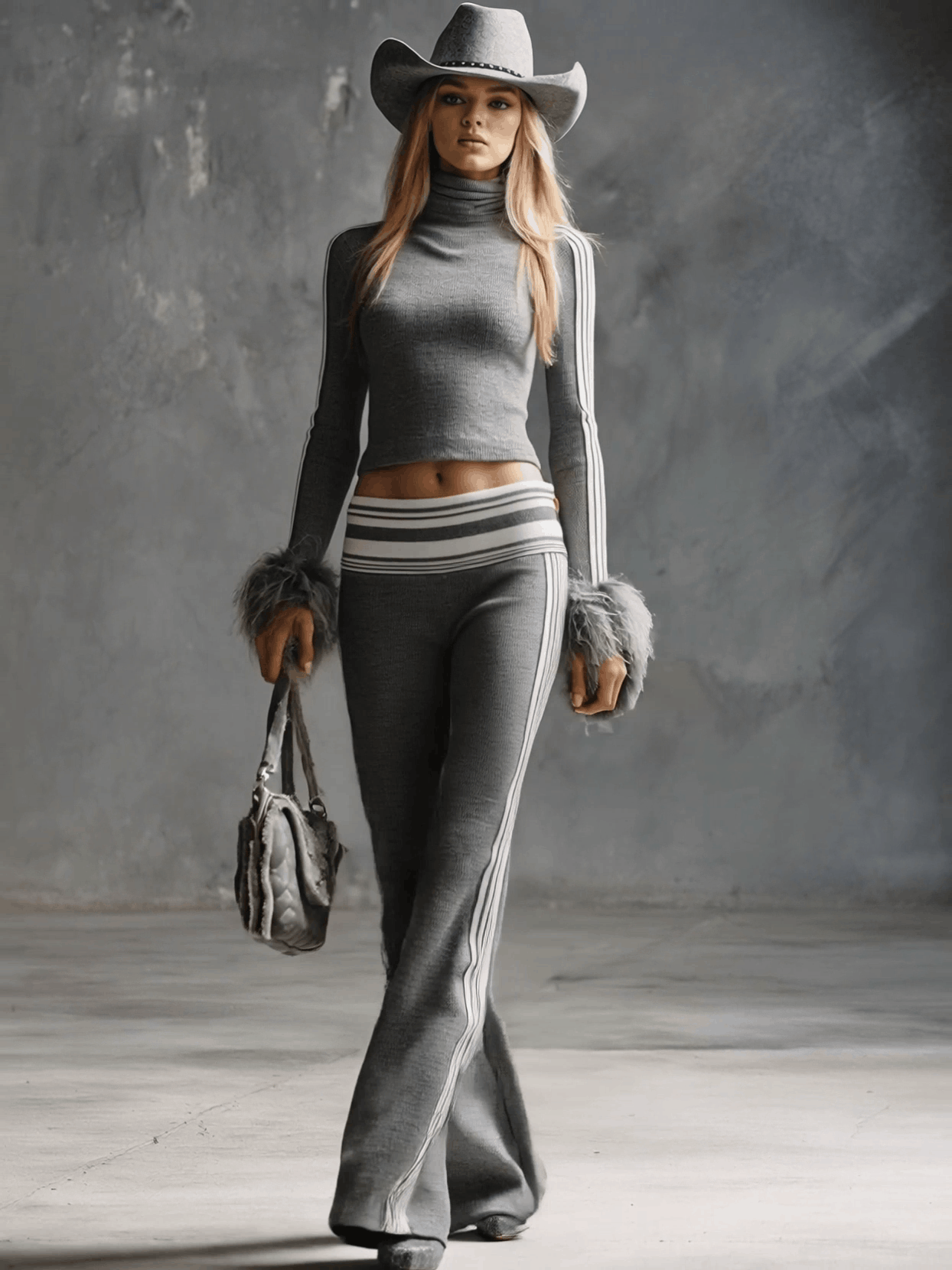 Retro Fashion Sporty Grey Knitted Feather Cuffs High-neck Top And Slim-fit Flared Trousers Suit