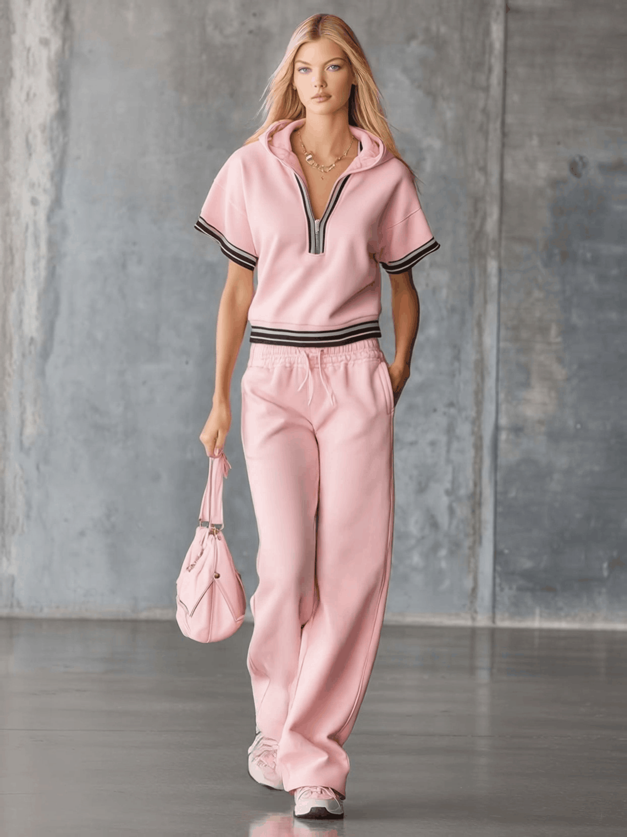 Elegant Fashion Sporty Hooded Front Zipper Short-sleeved Pink Cotton Top and Trousers Set